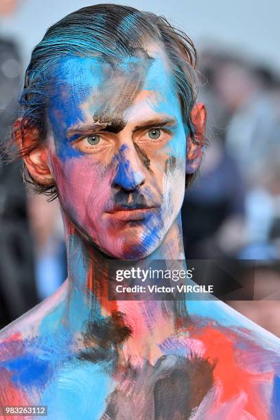 Model walks the runway during the Alexander McQueen Menswear Spring/Summer 2019 fashion show as part of Paris Fashion Week on June 22, 2018 in Paris,...