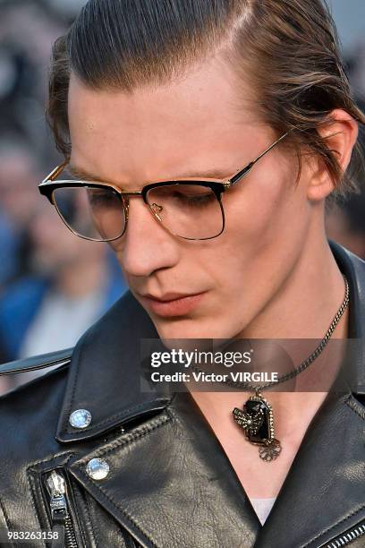 Model walks the runway during the Alexander McQueen Menswear Spring/Summer 2019 fashion show as part of Paris Fashion Week on June 22, 2018 in Paris,...