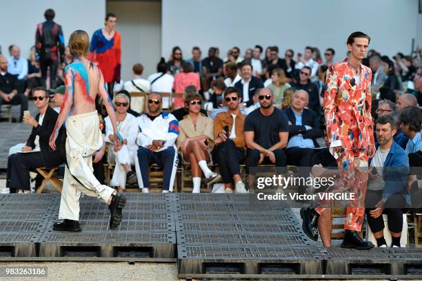 Model walks the runway during the Alexander McQueen Menswear Spring/Summer 2019 fashion show as part of Paris Fashion Week on June 22, 2018 in Paris,...