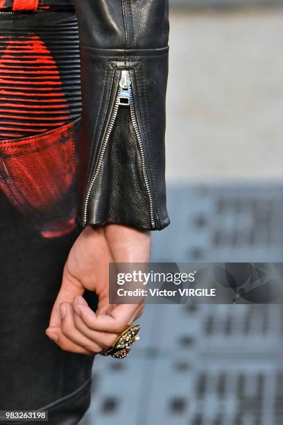 Model walks the runway during the Alexander McQueen Menswear Spring/Summer 2019 fashion show as part of Paris Fashion Week on June 22, 2018 in Paris,...