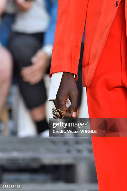 Model walks the runway during the Alexander McQueen Menswear Spring/Summer 2019 fashion show as part of Paris Fashion Week on June 22, 2018 in Paris,...