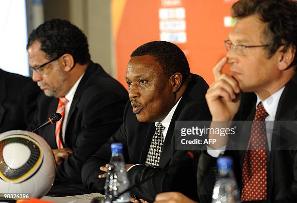 Irvin Khoza , Chairman of the 2010 FIFA World Cup local Organising Committee flanked by Jérôme Valcke , FIFA Secretary General and Danny Jordaan ,...