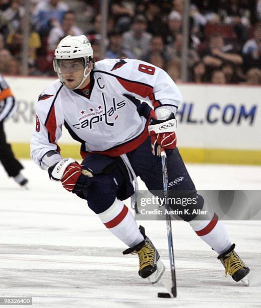 Alex Ovechkin of the Washington Capitals handles the puck against the Pittsburgh Penguins at Mellon Arena on April 6, 2010 in Pittsburgh,...