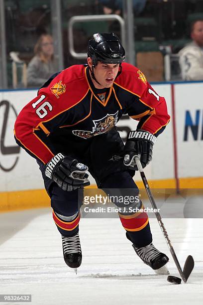 Nathan Horton of the Florida Panthers skates with the puck against the Ottawa Senators at the BankAtlantic Center on April 6, 2010 in Sunrise,...
