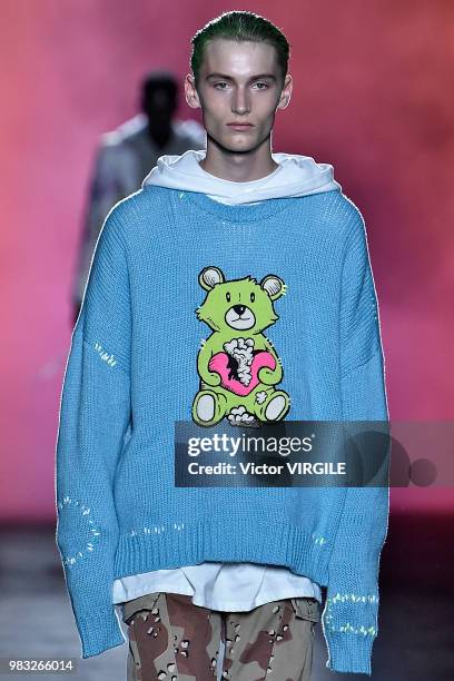 Model walks the runway during the Amiri Menswear Fall/Winter 2018-2019 show as part of Paris Fashion Week on January 19, 2018 in Paris, France.