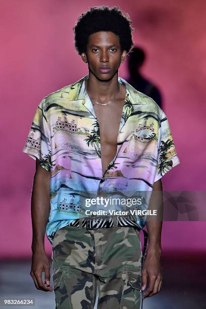 Model walks the runway during the Amiri Menswear Fall/Winter 2018-2019 show as part of Paris Fashion Week on January 19, 2018 in Paris, France.