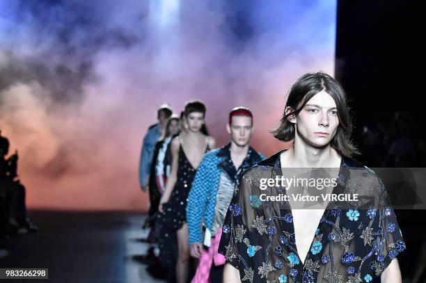 Model walks the runway during the Amiri Menswear Fall/Winter 2018-2019 show as part of Paris Fashion Week on January 19, 2018 in Paris, France.