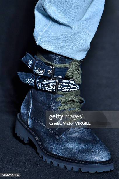 Model walks the runway during the Amiri Menswear Fall/Winter 2018-2019 show as part of Paris Fashion Week on January 19, 2018 in Paris, France.