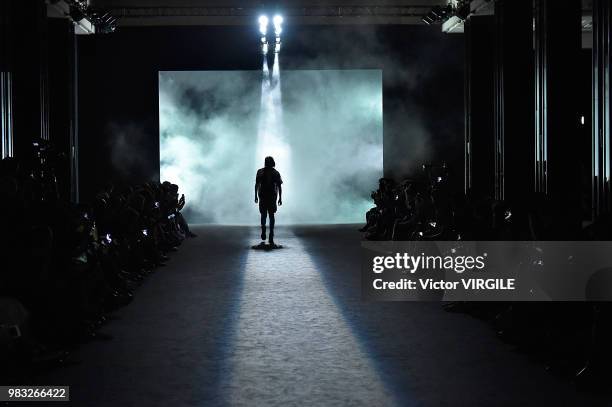 Model walks the runway during the Amiri Menswear Fall/Winter 2018-2019 show as part of Paris Fashion Week on January 19, 2018 in Paris, France.