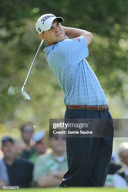 Bill Haas watches his tee shot on the fourth hole during the first round of the 2010 Masters Tournament at Augusta National Golf Club on April 8,...