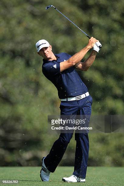 Dustin Johnson hits a shot on the fifth hole during the first round of the 2010 Masters Tournament at Augusta National Golf Club on April 8, 2010 in...