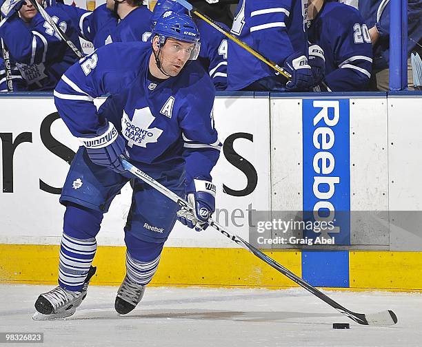 Francois Beauchemin of the Toronto Maple Leafs looks to pass the puck during the game against the Philadelphia Flyers on April 6, 2010 at the Air...