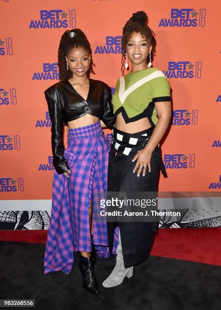 Halle Bailey and Chloe Bailey of Chloe X Halle pose in the press room at the 2018 BET Awards at Microsoft Theater on June 24, 2018 in Los Angeles,...