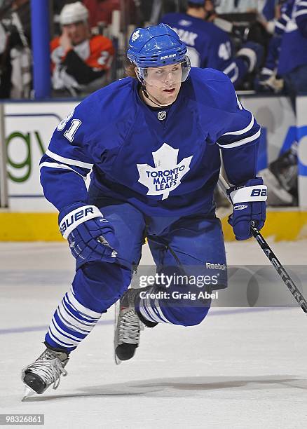 Phil Kessel of the Toronto Maple Leafs skates during the game against the Philadelphia Flyers on April 6, 2010 at the Air Canada Centre in Toronto,...