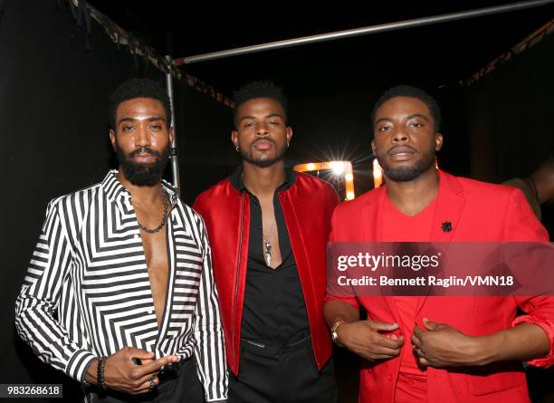 Camryn Howard, Trevor Jackson and Woody McClain are seen backstage at the 2018 BET Awards at Microsoft Theater on June 24, 2018 in Los Angeles,...