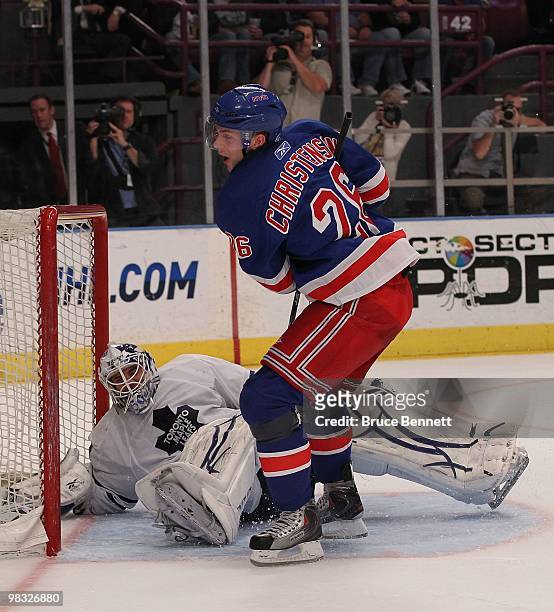 Jonas Gustavsson of the Toronto Maple Leafs makes a second period save on Erik Christensen of the New York Rangers at Madison Square Garden on April...