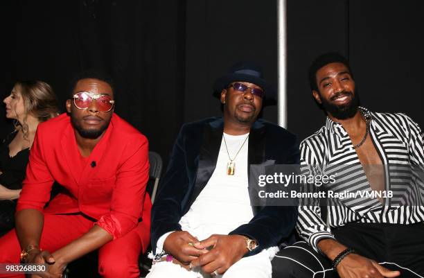 Woody McClain, Bobby Brown and Camryn Howard are seen backstage at the 2018 BET Awards at Microsoft Theater on June 24, 2018 in Los Angeles,...