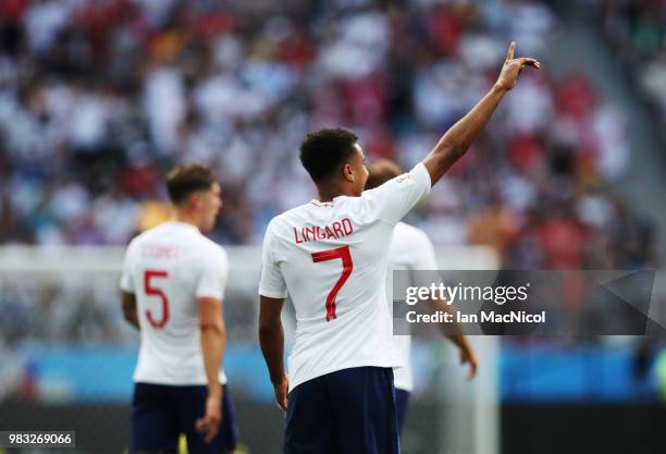 Jesse Lingard of England celebrates after scoring his team's third goal during the 2018 FIFA World Cup Russia group G match between England and...