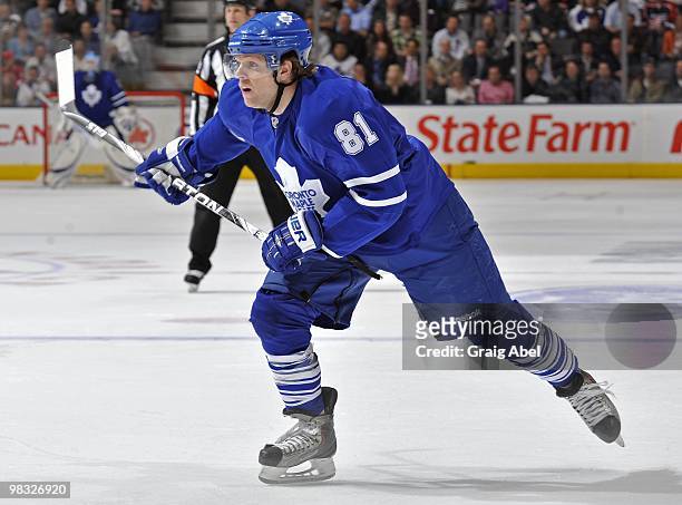 Phil Kessel of the Toronto Maple Leafs skates during the game against the Philadelphia Flyers on April 6, 2010 at the Air Canada Centre in Toronto,...
