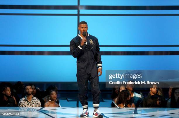 Host Jamie Foxx speaks onstage at the 2018 BET Awards at Microsoft Theater on June 24, 2018 in Los Angeles, California.