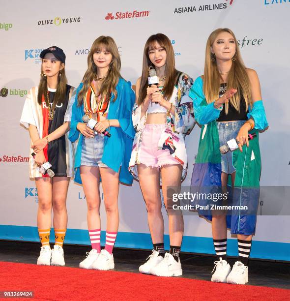 Hani, Hyelin and Jeonghwa of girl band EXID pose at the red carpet at KCON Day 2 2018 NY presented by Toyota at Prudential Center on June 24, 2018 in...