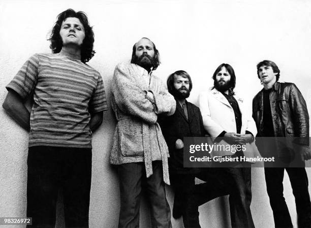 The Beach Boys posed in Amsterdam, Netherlands in 1972 L-R Bruce Johnston, Mike Love, Al Jardine, Carl Wilson, Dennis Wilson