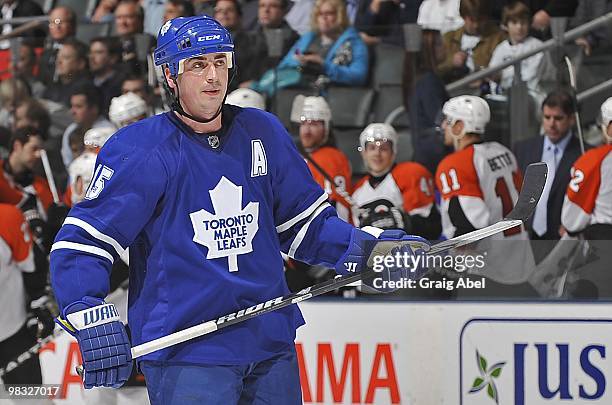 Tomas Kaberle of the Toronto Maple Leafs skates during the game against the Philadelphia Flyers on April 6, 2010 at the Air Canada Centre in Toronto,...