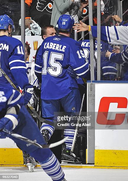 Tomas Kaberle of the Toronto Maple Leafs leaves the ice after the teams final home game of the season on April 6, 2010 at the Air Canada Centre in...