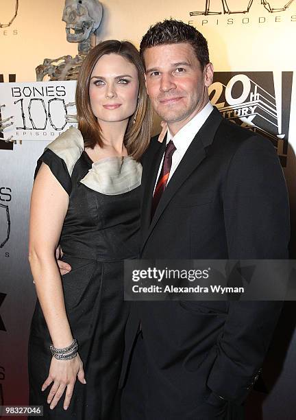 Emily Deschanel and David Boreanaz at The "Bones" 100th Episode Celebration on April 7, 2010 in Los Angeles, California.