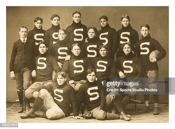 Team portrait of the Stanford University football team circa 1900.