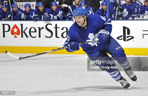 Phil Kessel of the Toronto Maple Leafs skates during the game against the Philadelphia Flyers during the game on April 6, 2010 at the Air Canada...