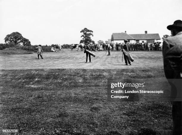 An exhibition match between golfing legends Harry Vardon and James Braid, to mark the opening of Sandy Lodge Golf Club in Northwood, UK, 16th July...