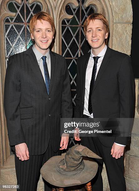 Actors James Phelps and Oliver Phelps attend Harry Potter: The Exhibition at the Ontario Science Centre on April 8, 2010 in North York, Canada.