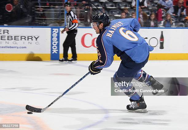 Ron Hainsey of the Atlanta Thrashers carries the puck against the Phoenix Coyotes at Philips Arena on March 14, 2010 in Atlanta, Georgia.