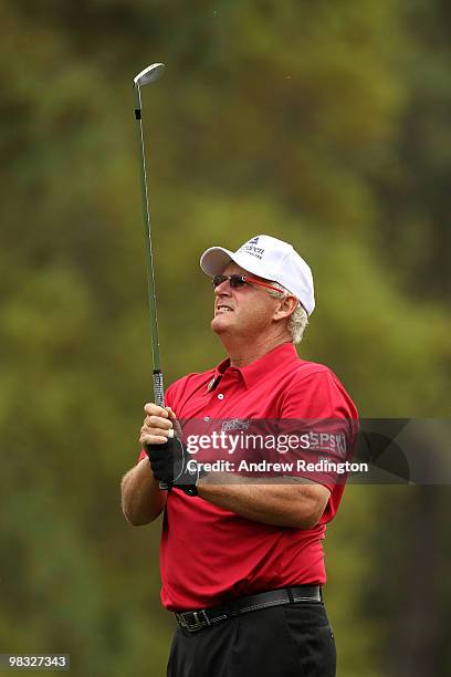 Sandy Lyle watches his second shot on the first hole during the first round of the 2010 Masters Tournament at Augusta National Golf Club on April 8,...