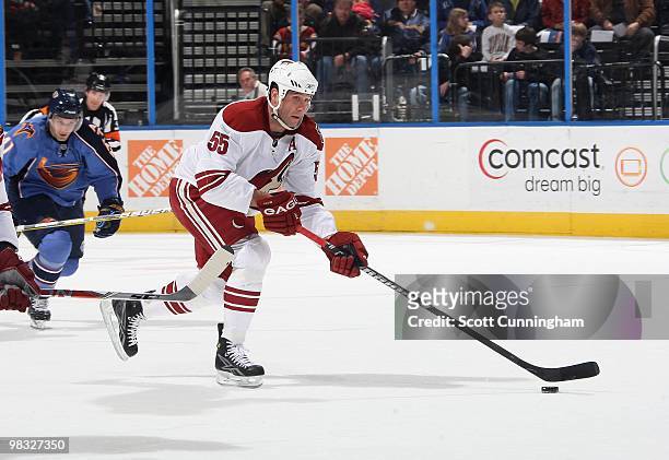 Ed Jovanovski of the Phoenix Coyotes carries the puck against the Atlanta Thrashers at Philips Arena on March 14, 2010 in Atlanta, Georgia.