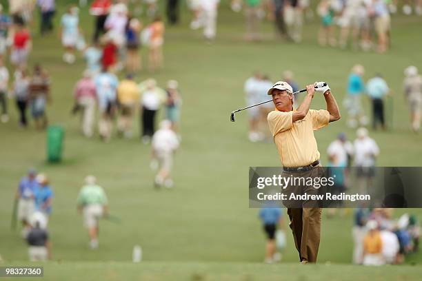 Ben Crenshaw hits a shot on the first fairway during the first round of the 2010 Masters Tournament at Augusta National Golf Club on April 8, 2010 in...