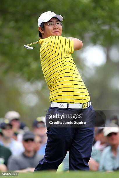 Amateur Byeong-Hun An of Korea hits a shot on the foruth hole during the first round of the 2010 Masters Tournament at Augusta National Golf Club on...