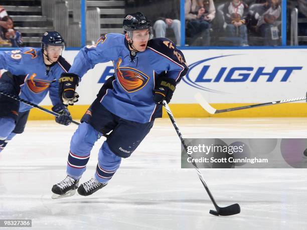 Niclas Bergfors of the Atlanta Thrashers carries the puck against the Phoenix Coyotes at Philips Arena on March 14, 2010 in Atlanta, Georgia.