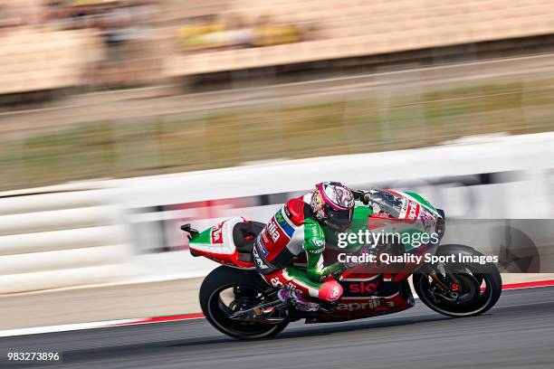 Aleix Espargaro of Spain and Aprilia Racing Team Gresini rides during free practice for the MotoGP of Catalunya at Circuit de Catalunya on at Circuit...