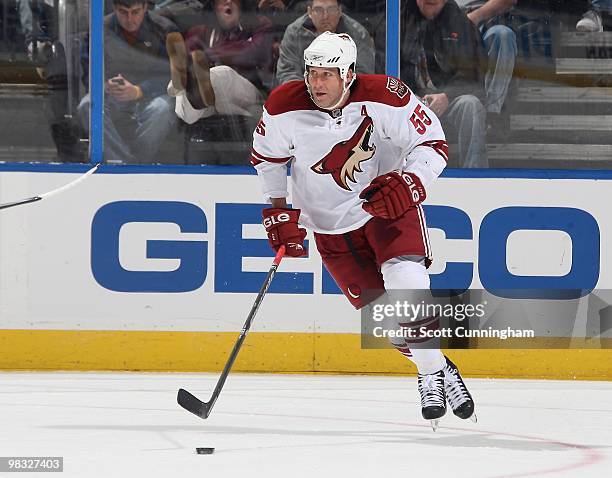 Ed Jovanovski of the Phoenix Coyotes carries the puck against the Atlanta Thrashers at Philips Arena on March 14, 2010 in Atlanta, Georgia.