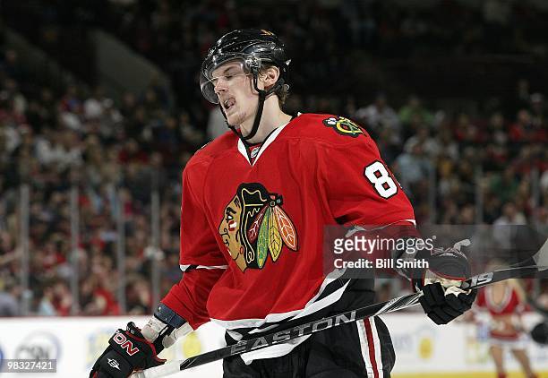Tomas Kopecky of the Chicago Blackhawks waits for play to begin during a game against the Calgary Flames on April 04, 2010 at the United Center in...