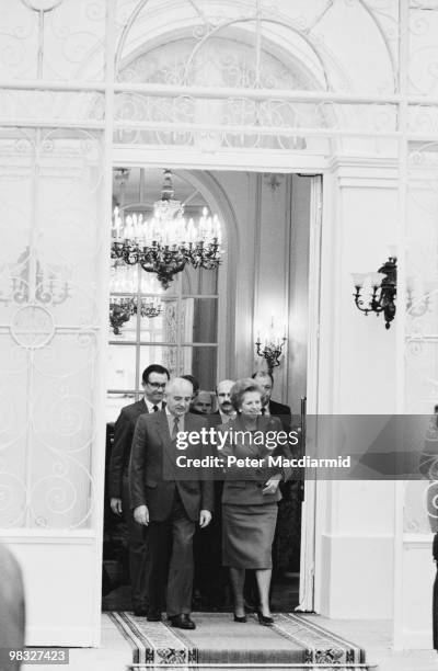 British Prime Minister Margaret Thatcher meets Russian President Mikhail Gorbachev at the British Embassy in Paris, 20th November 1990.