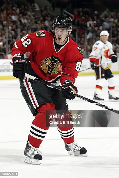 Tomas Kopecky of the Chicago Blackhawks watches for the puck during a game against the Calgary Flames on April 04, 2010 at the United Center in...