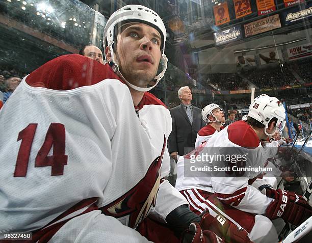Taylor Pyatt of the Phoenix Coyotes watches the action against the Atlanta Thrashers at Philips Arena on March 14, 2010 in Atlanta, Georgia.
