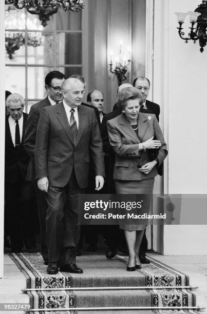 British Prime Minister Margaret Thatcher meets Russian President Mikhail Gorbachev at the British Embassy in Paris, 20th November 1990.