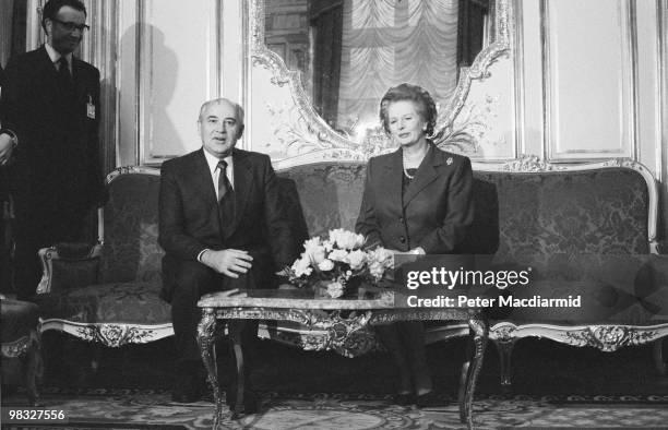British Prime Minister Margaret Thatcher meets Russian President Mikhail Gorbachev at the British Embassy in Paris, 20th November 1990.