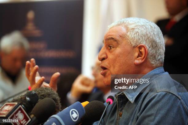Egyptian antiquities head Zahi Hawas speaks during the closing session of the Conference on International Cooperation for the Protection and...