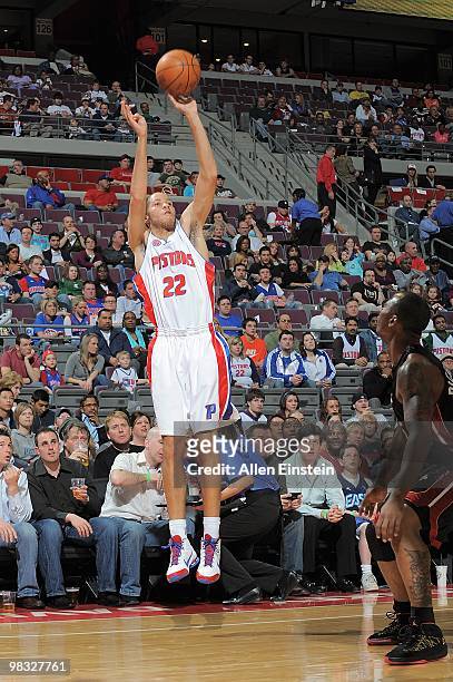 Tayshaun Prince of the Detroit Pistons shoots against the Miami Heat during the game on March 31, 2010 at The Palace of Auburn Hills in Auburn Hills,...