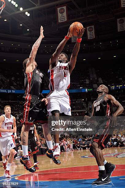 Ben Wallace of the Detroit Pistons goes to the basket against the Miami Heat during the game on March 31, 2010 at The Palace of Auburn Hills in...